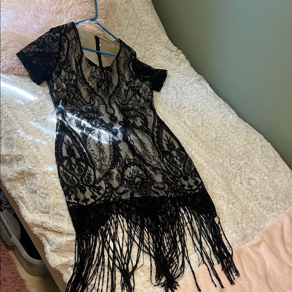 Elegant Black Lace Fringe Dress